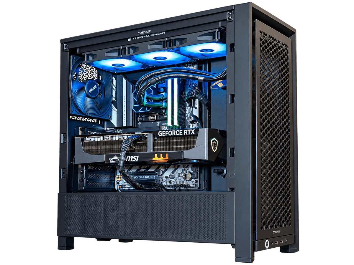 Annotated interior view of the Ballista gaming PC, highlighting cooling, airflow, graphics card clearance, ATX motherboard space and power supply capacity.