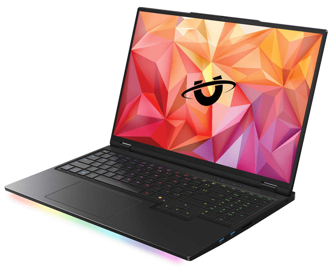 Utopia Mech 16 laptop, open at an angle with its backlit keyboard lit