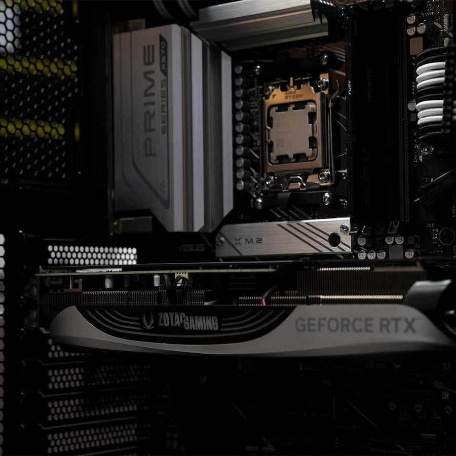 Close up of an NVIDIA GeForce RTX 5070 Ti graphics card installed inside a Ballista gaming PC.