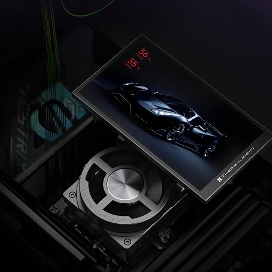 Close up of the Ballista gaming PC CPU cooling system with integrated display, designed to support sustained gaming performance.
