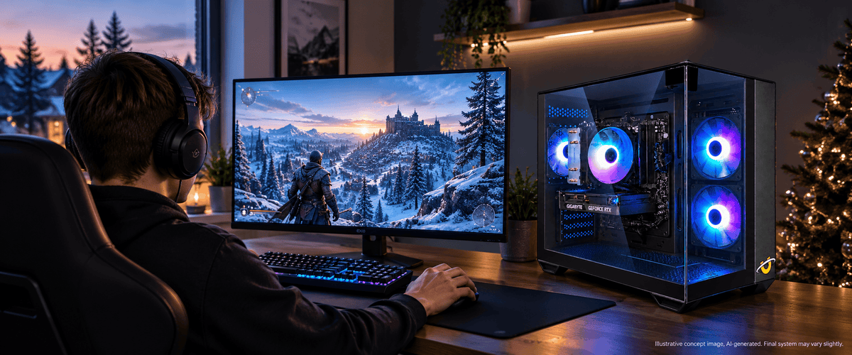 The Utopia Christmas gaming PC set up on a desk with a game running