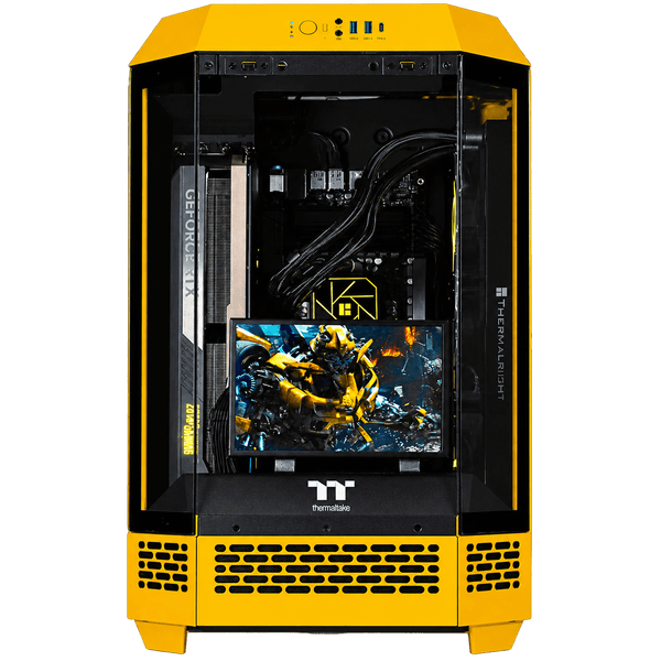 Yellow Thermaltake gaming PC with GeForce RTX graphics and an internal display
