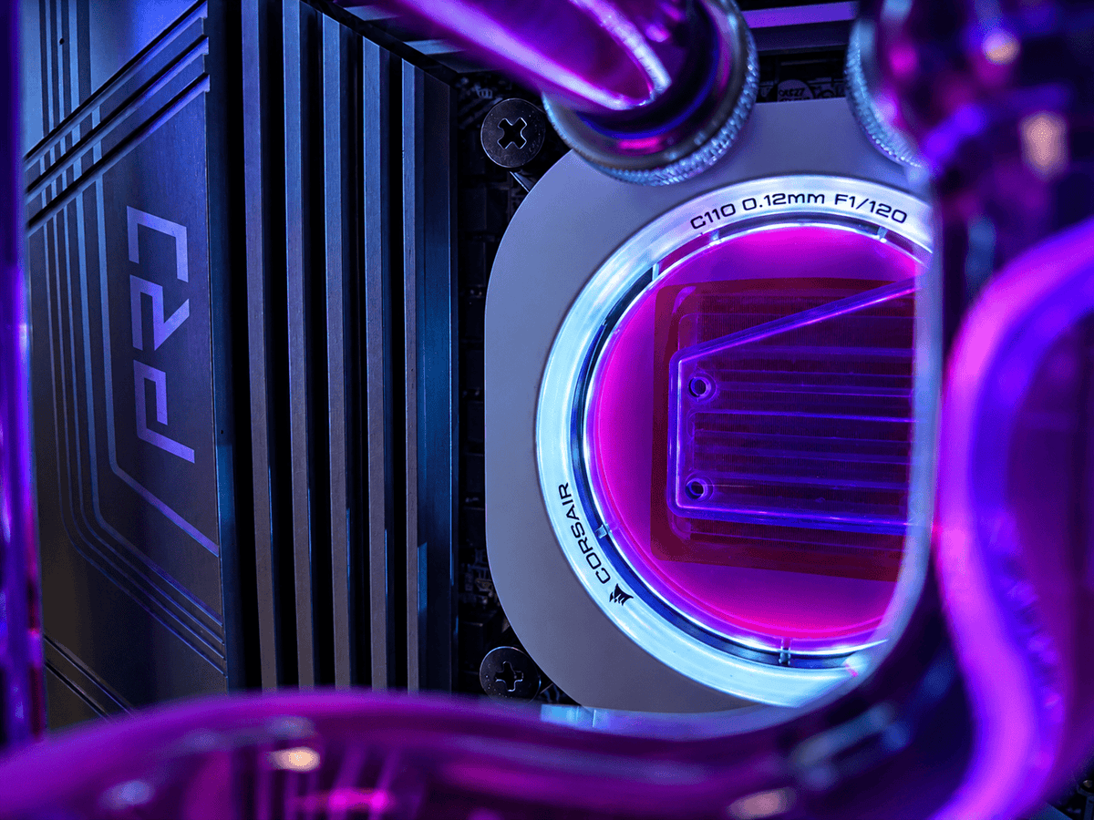Purple coolant in the CPU water block of a Utopia Renegade PC