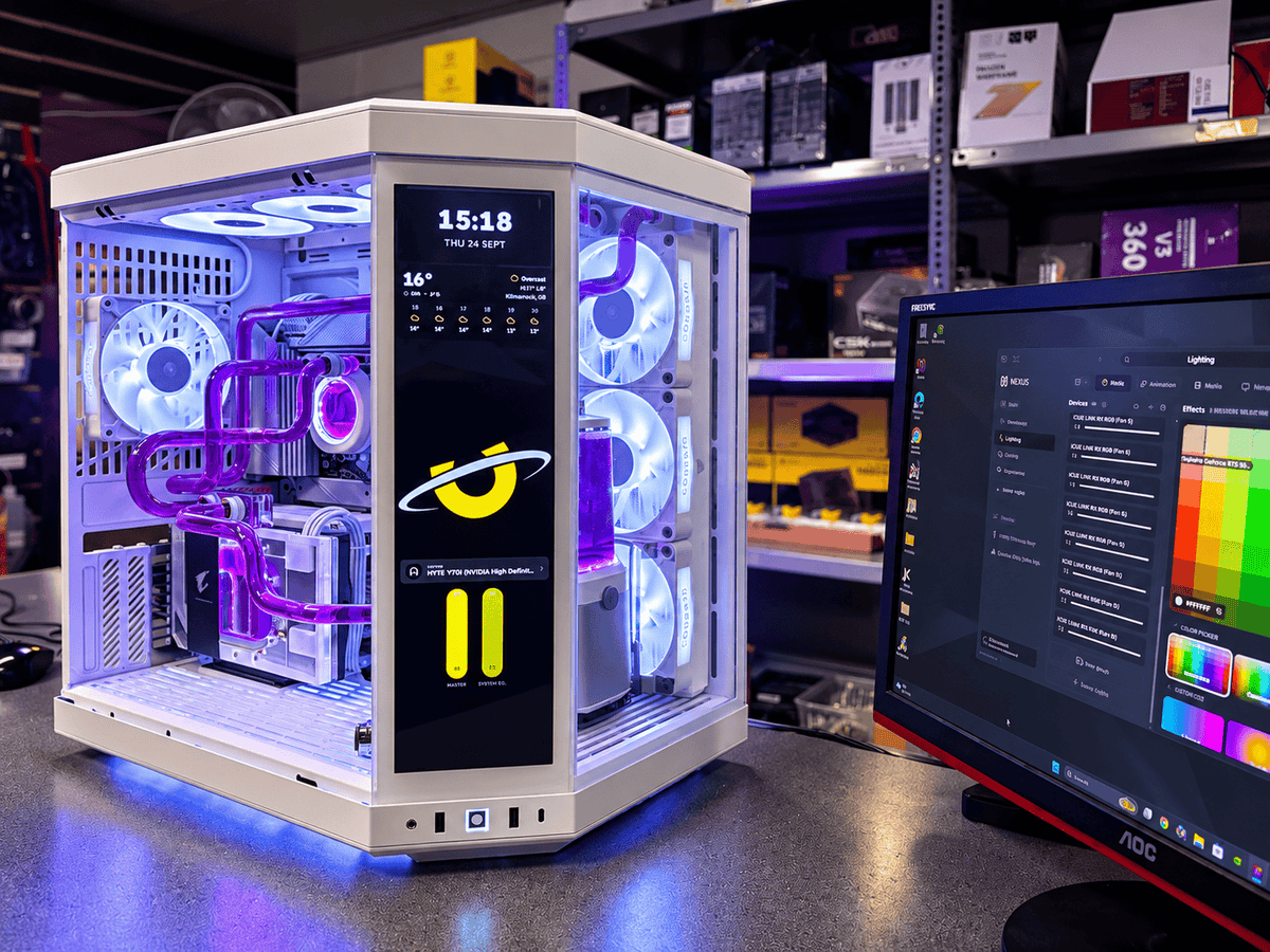 Purple hardline water cooling loop inside a Utopia Renegade PC