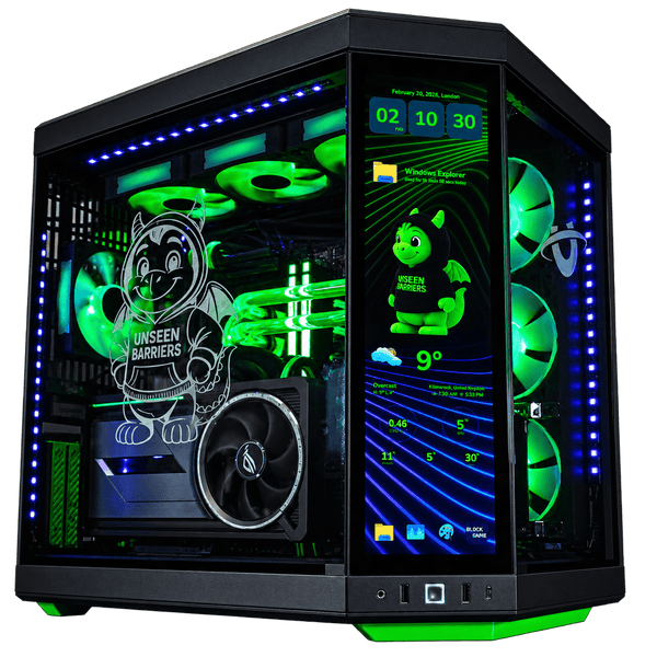 Custom black gaming PC with green RGB lighting, liquid cooling and integrated display