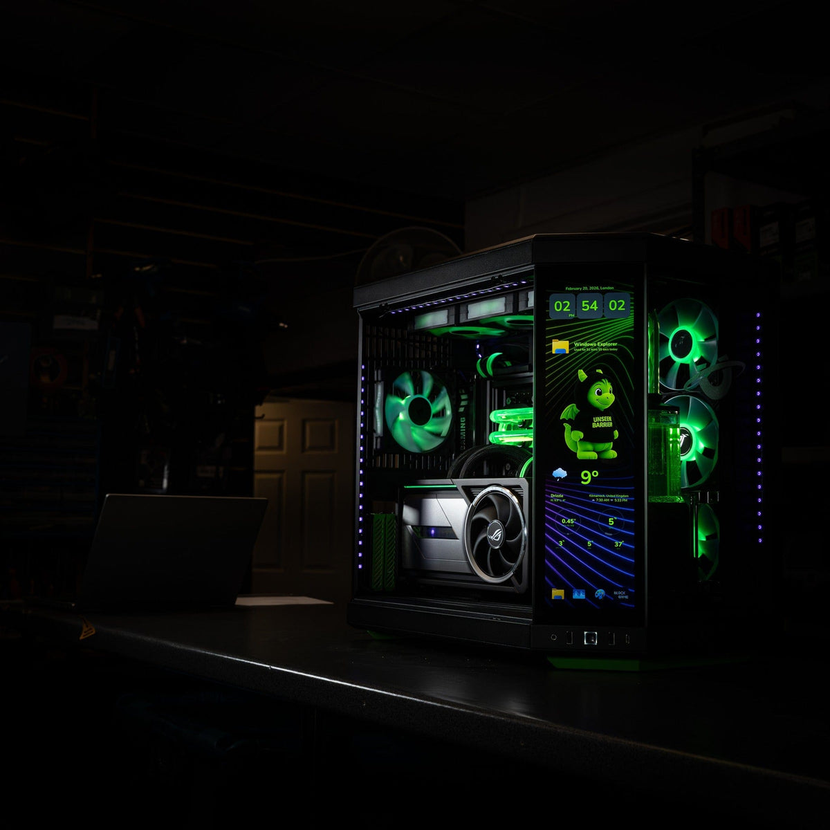 Custom water cooled PC with integrated display panel and coolant loop