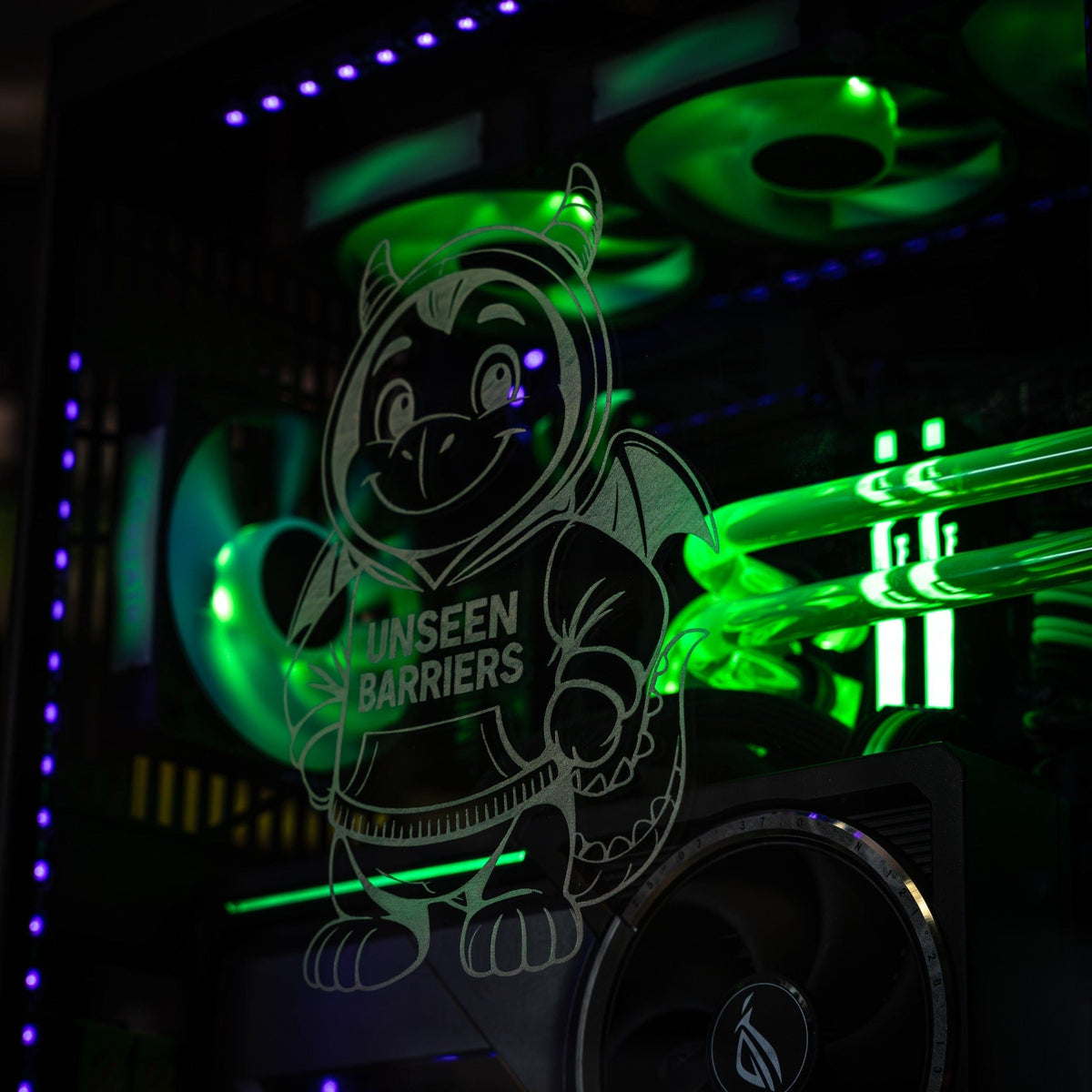 Custom water cooled PC with personalised etched glass side panel