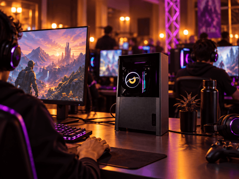 Pandora compact gaming PC at a LAN party beside a gaming monitor and peripherals